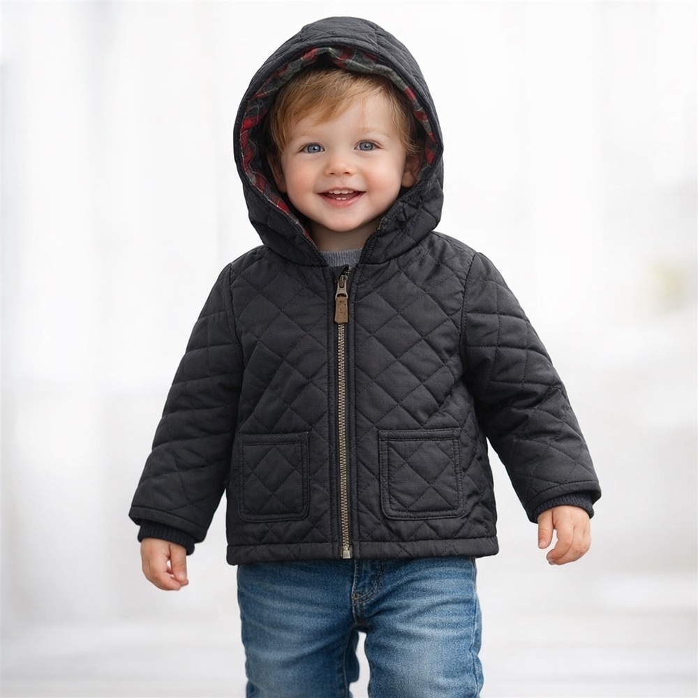 Carter's Toddler Boy Quilted Hooded Jacket Plaid Lined Black 18M (1125)